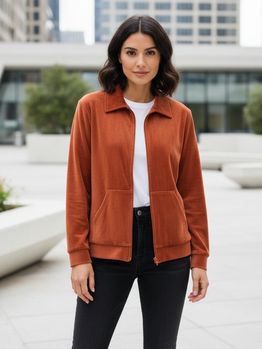 NEW‎ Rebecca Malone L Velour Jacket Orange Pockets Zip Y2K 90s Athleisure Retro